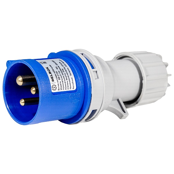 BELBOX BB-013N, вилка силовая кабельная, 16А, 220В, 3P, 2P+E, IP44, синяя
